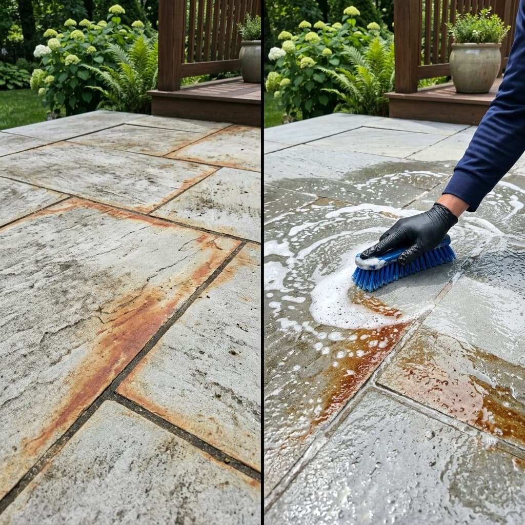 Cleaning demonstration: Removing Ulin sap stains from a stone patio floor
