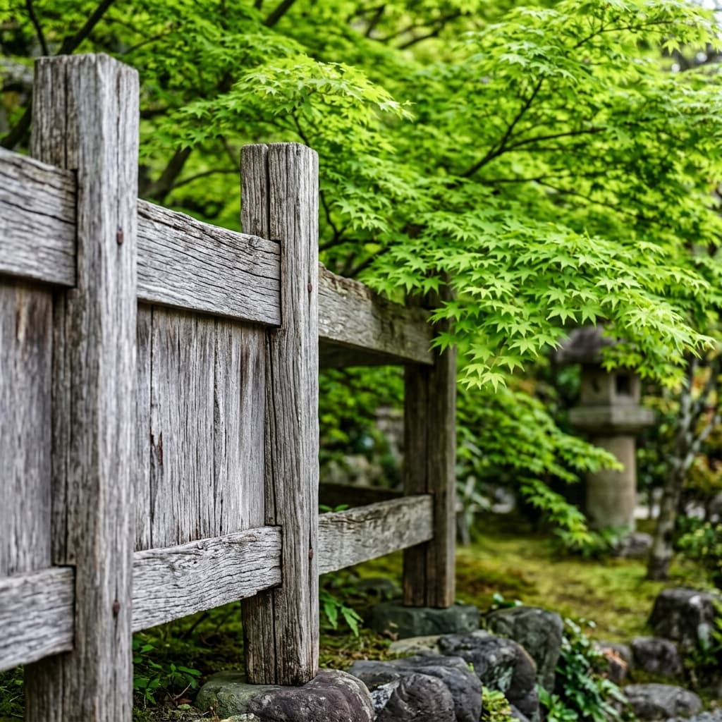 シルバーグレーに経年変化した美しいウリン無垢フェンスと、その背後にのぞく新緑の植栽の瑞々しい色彩コントラスト