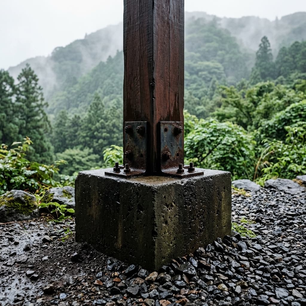 山からの染み出し水を避けるため、高めに配置されたコンクリート束石とウリンの束柱