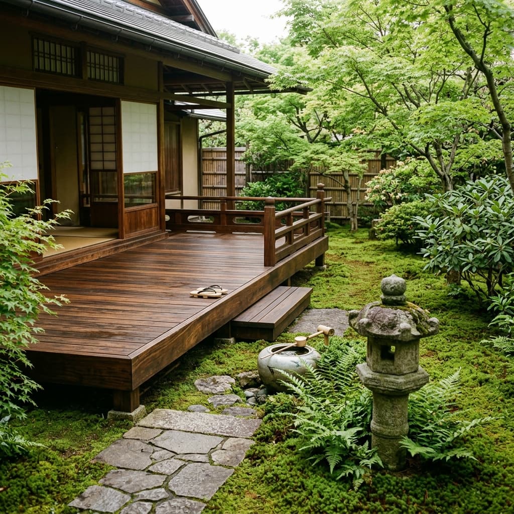 日本の伝統的な和風庭園の苔と調和して施工された美しいウリンのウッドデッキ