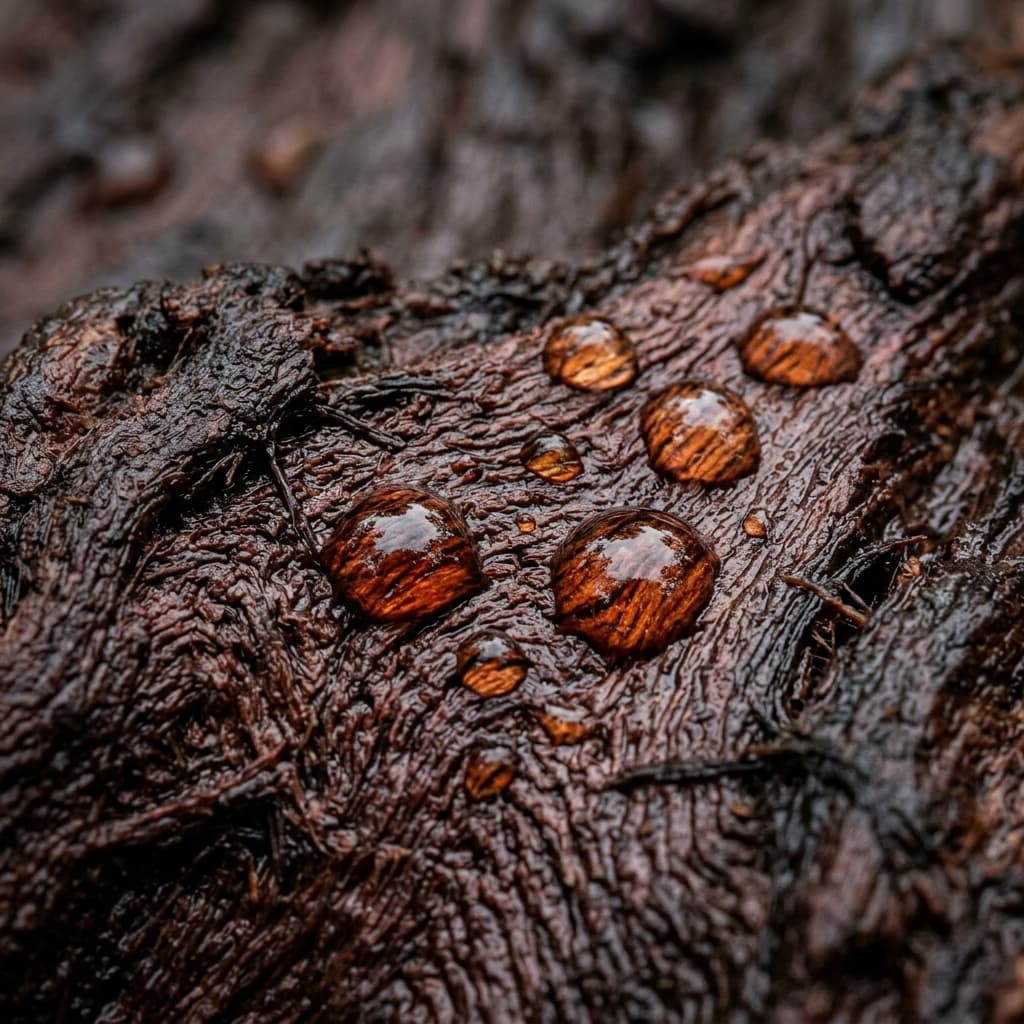 雨に濡れたウリンの表面からポリフェノールが溶け出しているマクロ写真