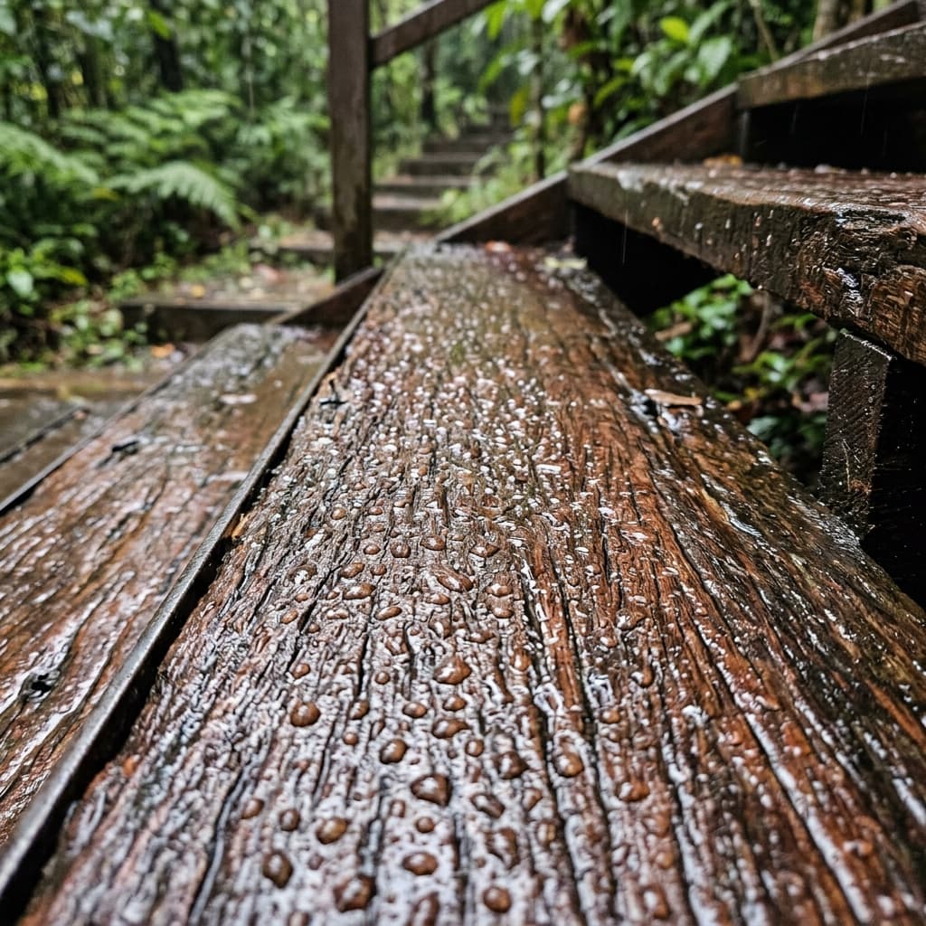 雨水に濡れてもしっかりとした摩擦抵抗を保つウリン踏み板の表面マクロ写真
