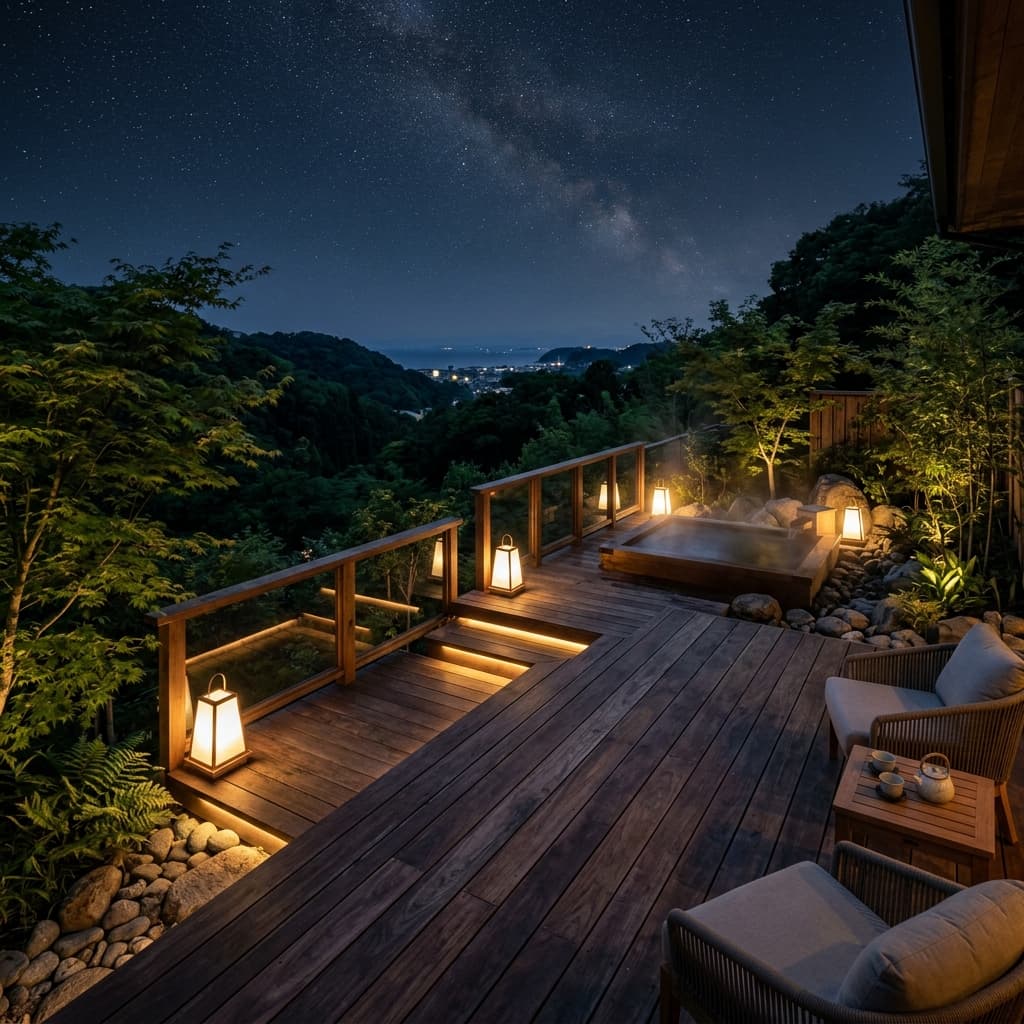 星と炎が静かに揺れる夜。ウリンデッキで整う静寂の露天外気浴テラス
