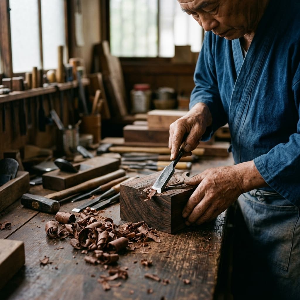 鎌倉の工房でウリン材を丹念に加工する職人の手元
