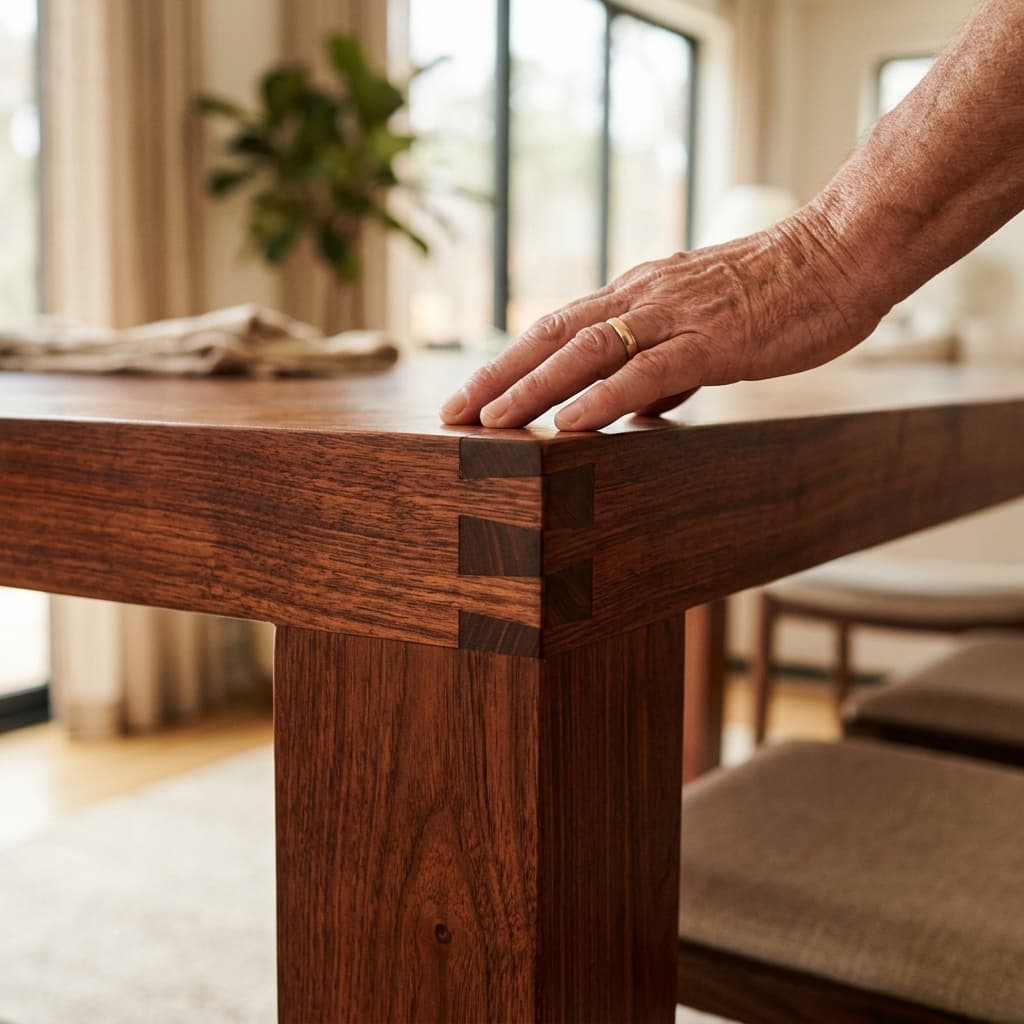 Detailed Ulin furniture joinery with a hand touching the surface