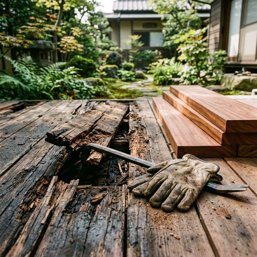5年で限界を迎えた杉デッキ。
柿谷さんが選んだ、やり直しのない素材