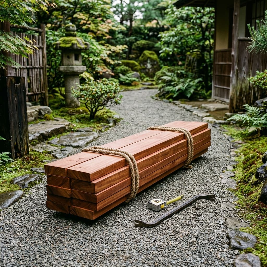 狭い砂利の路地の奥にきれいに並べられた、新品のウリンの長尺板と職人の手道具