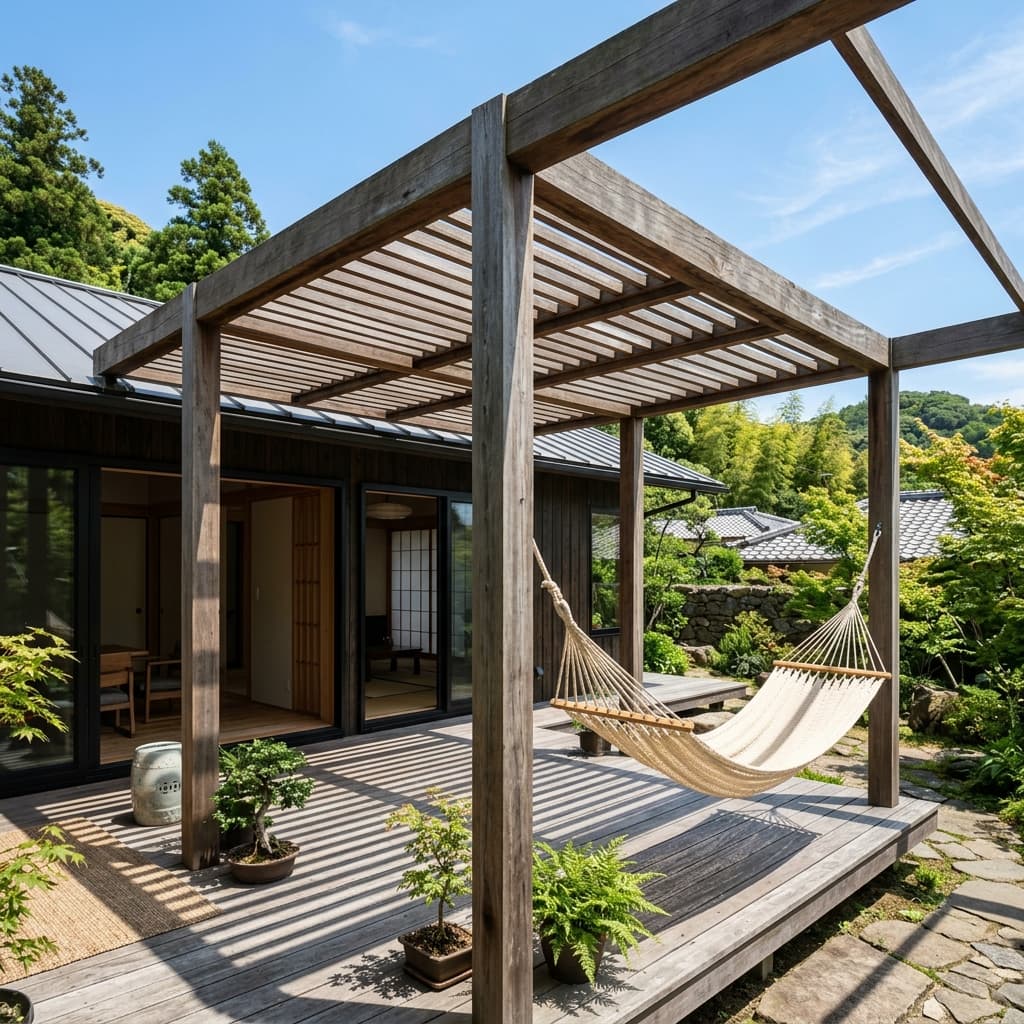 空を仰ぐパーゴラ。ウリンとハンモックが作る至福の木陰